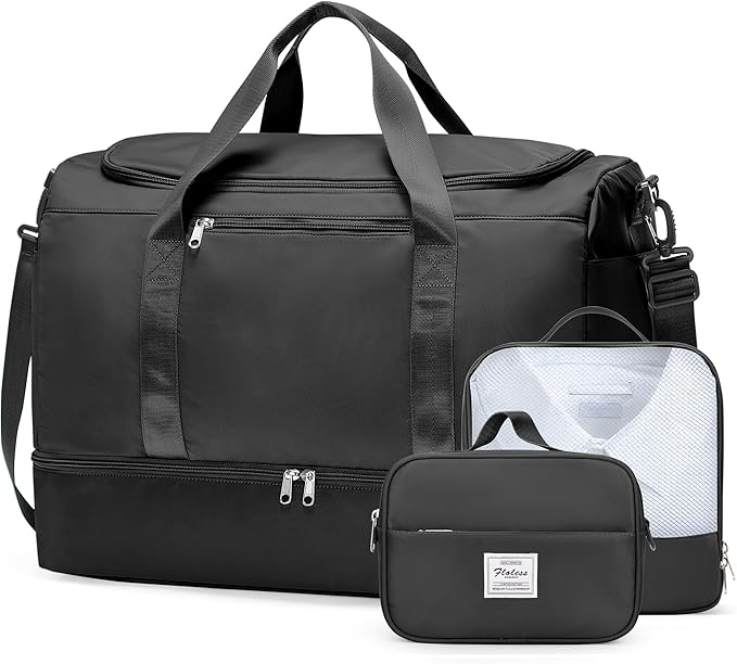 Large Travel Duffle Bag,Carry on Overnight Weekend Bag with Shoes Compartment,Weekender Bags for Women for Travel Business Trips Sport Hospital,3 Pcs Set,Black