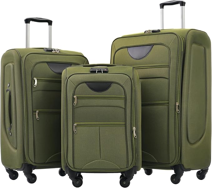 Softside 3 Piece Luggage Sets, Expandable Lightweight Suitcase Sets Double Softshell Spinner Wheels Travel Luggage Set for Women and Men (Army Green, 3-Piece Set)