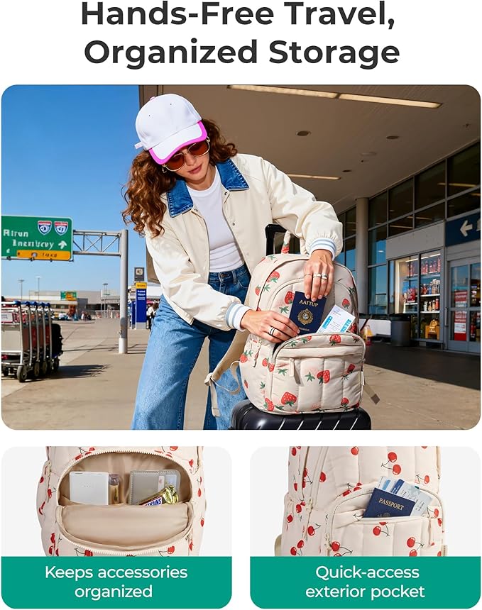 BAGSMAT Womens Backpack Small Travel Laptop Backpack for Women, Quilted College Laptop Bookbag, Work Back Pack for Women, Cute Computer Water-Resistant Casual Daypack,Strawberry Print