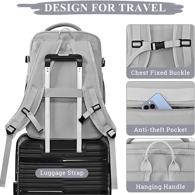 Travel Backpack, 40L 17 inch Laptop Travel Backpack Carry on Flight Approved, Personal Item Travel Bag, Waterproof Backpack for College, Business, Weekend, Work, Gray