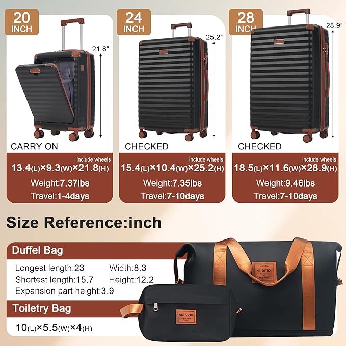 Merax Luggage Sets Front Opening, 3 Piece Hardshell Suitcase with Spinner Wheels and Bags,Lightweight Carry on Luggage with USB Port and Cup Holder,20+24+28,Black and Brown