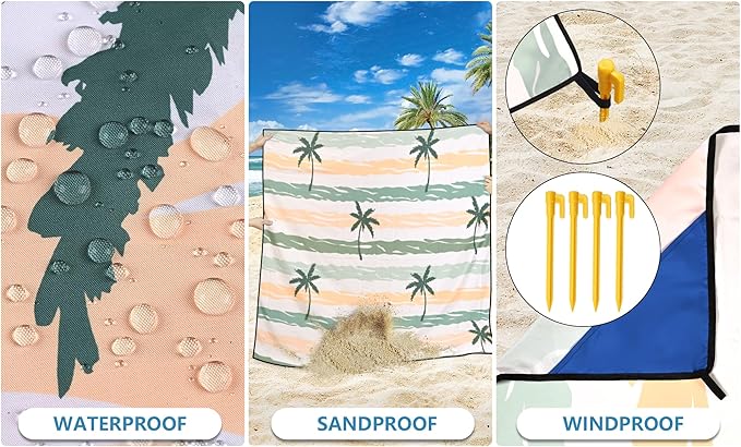 Beach Blanket Waterproof Sandproof Beach Mat 79”x 83” for 1-8 Adults Quick Drying Durable Outdoor Picnic Mat for Beach Festival Travel Camping Hiking (Stripes Cocotree-YL&GN, 79"×83"(4 Person))