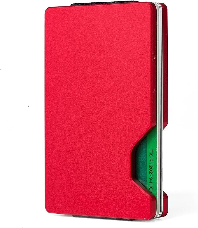 Minimalist Carbon Fiber Wallet for Men, Money Clip Cash Strap Wallet, RFID Blocking Metal Wallet Aluminum Card Holder,Front Pocket Wallet(Matte Red)