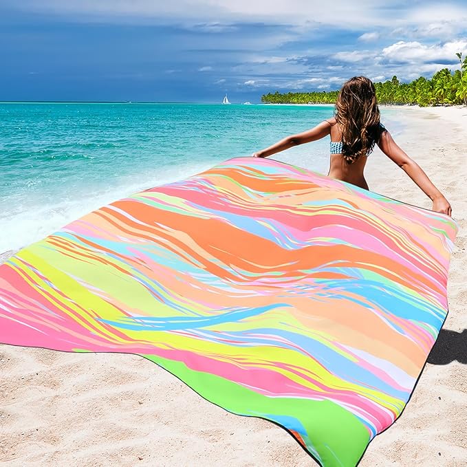 HIHOHO Beach Blanket Waterproof Sandproof Beach Mat for 1-8 Adults Quick Drying Durable Outdoor Picnic Mat for Beach Festival Travel Camping Hiking (Colorful Stick, 79"×83"(4 Person))