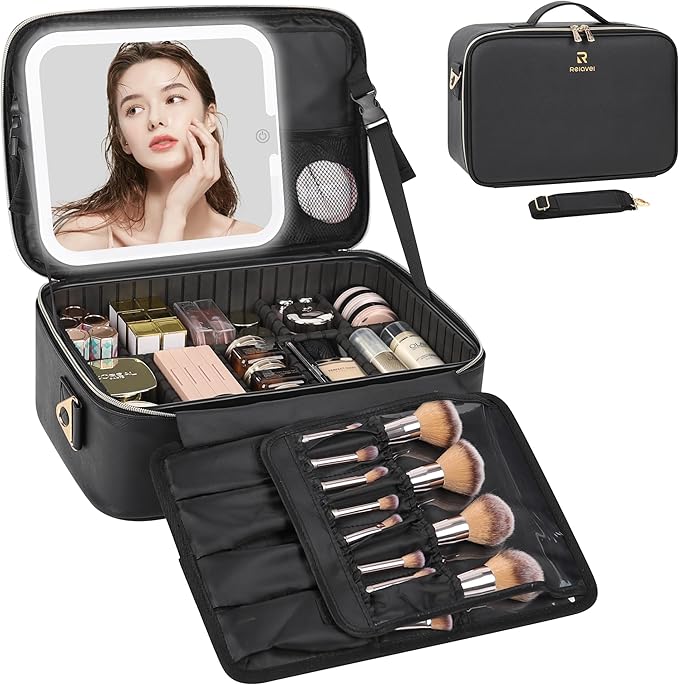 Relavel Makeup Train Case With LED Mirror, Professional Travel Cosmetic Bag with Removable Partitions, Compact Makeup Organizer with Shoulder Strap, Waterproof Travel Case for Women, Black