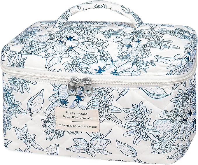 Large Makeup Bag, Cute Cosmetic Bag for Women Girls, Floral Coquette Aesthetic Toiletry Bag, Travel Make Up Organizer Bag (Navy Blue)