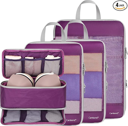 Cambond Compression Packing Cubes - 4 Set See Through Mesh Packing Cubes for Travel, Expandable Travel Essentials Packing Organizers for Carry on Suitcases with 3-in-1 Underwear Bag, Purple