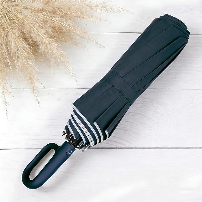 SIEPASA Travel Umbrella with Carabiner Handle - Windproof 10 Ribs Auto Open/Close for Rain & Sun Protection, Compact Portable Clip-on Backpack Design with Safety Reflective Strip.