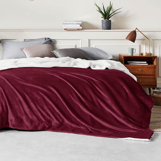 Bedsure GentleSoft Sherpa Fleece Blanket Queen Size for Bed, Non-Heated, Thick and Warm Throw for Girls and Women, Soft Fuzzy Plush Queen Blanket for Winter, Burgundy, 90x90 Inches