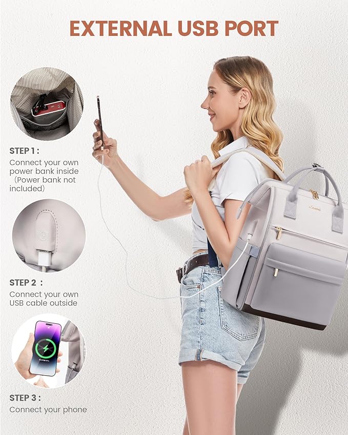 LOVEOVOOK 15.6 Inch Laptop Backpack for Women, Large Capacity Travel Backpack with USB Charging Port, Waterproof Work Backpack for Business, College, Nursing & Airline Travel,Light Gray