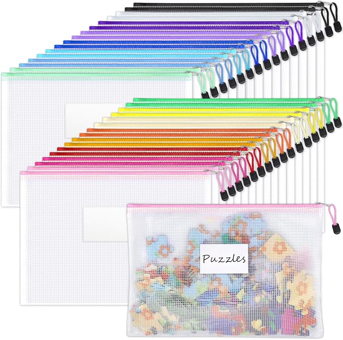 Sooez 32 Pack Mesh Zipper Pouch Bags, A4 Letter Size, Zipper Bags with Label Pocket, Waterproof Pouches for Classroom Organizer, Board Game Toy Storage, Document Bag for Teacher School Office Supplies