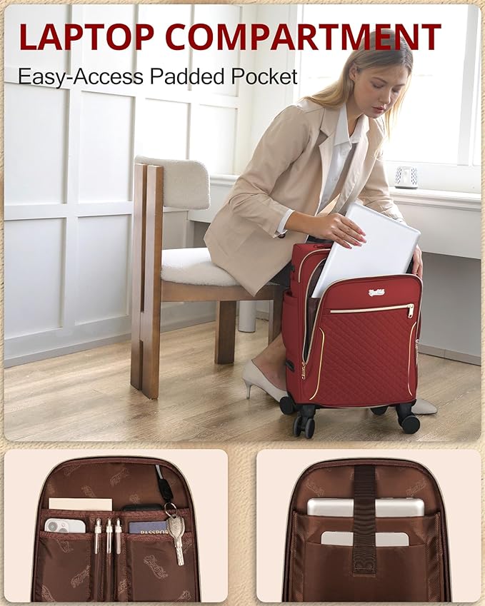 Carry On Luggage 22x14x9 Airline Approved, 20 Inch Softside Suitcase with 4 Pcs, Lightweight Luggage for Women with TSA Lock and 4 Spinner Wheels, Soft Side Carry-on Suitcases for Travel, Red