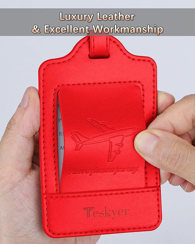 Teskyer Luggage Tags, 3 Pack Premium PU Leather Luggage Tags for Suitcases, Privacy Protection Travel Bag Tags, Red