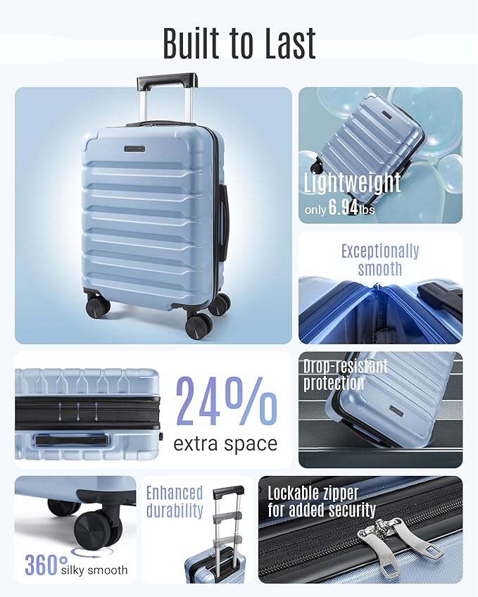LIGHT FLIGHT Carry On Luggage 22x14x9 Airline Approved, Expandable Carry On Suitcases with Wheels, Lightweight Luggage, Durable Hard Shell 20 Inch Rolling Suit Case for Men Women Travel,Light Blue