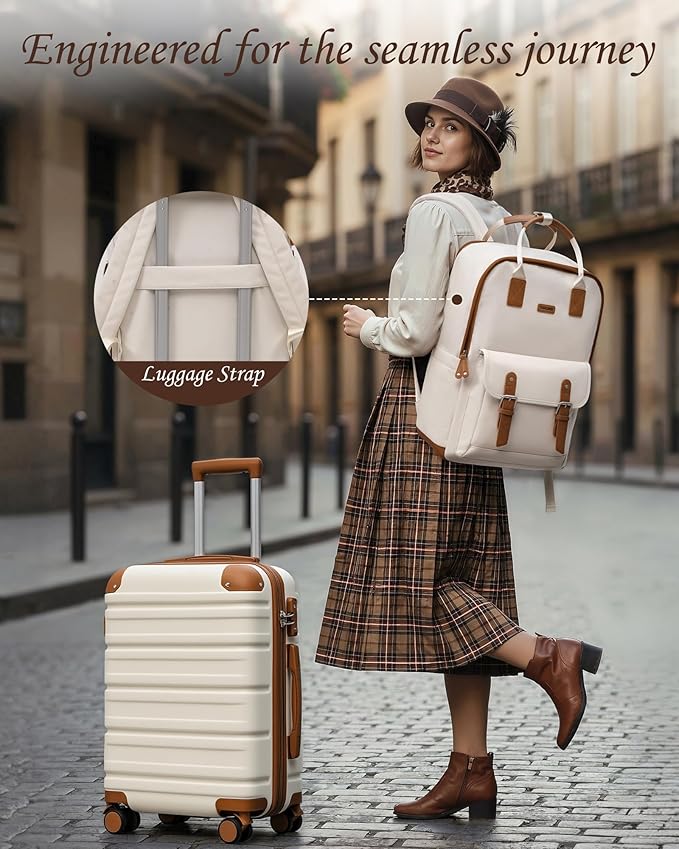TAKUMI Luggage Sets 3 Piece, 20 Inch Carry On Luggage Set with Backpack, PC+ABS Hardshell Suitcases with Wheels, Lightweight Travel Luggage with TSA Lock for Women, Men (WHITE BROWN, 3 PIECE SET（BP）)