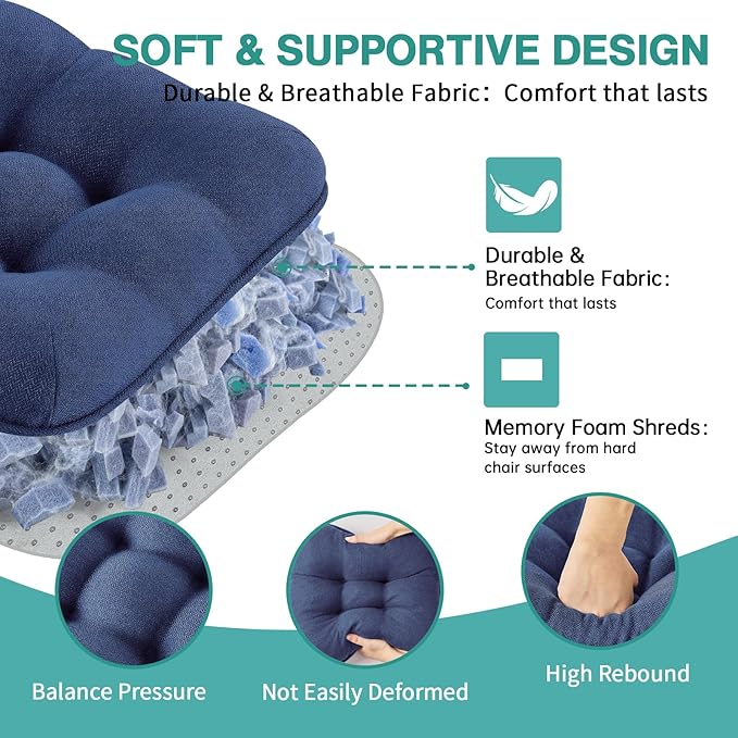 BETU Chair Cushions for Dining Chairs Set of 6,3.5" Thick Kitchen Table Chair Pads with Ties,Non Slip Backing and Covers, Seat Cushion for Dining Room,Bar,Patio Chairs,16"X16"X3.5",Navy Blue