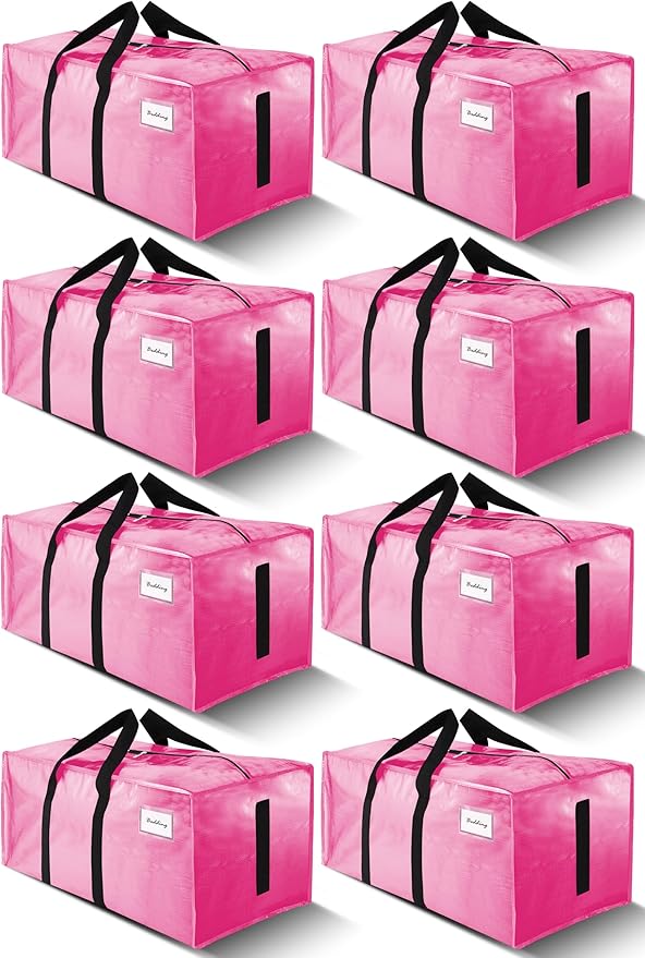 8 Pack Large Strong Moving Bags with Zippers & Carrying Handles - Water-Resistant - Heavy Duty Storage Tote for Space Saving, Fold Flat, Alternative to Moving Box (Pink)