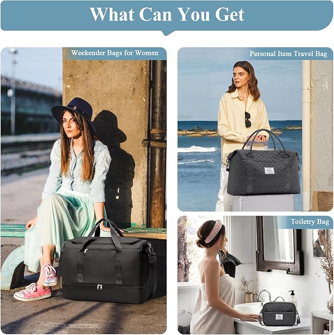 Extra Large Travel Duffle Bag,Carry on Overnight Bag with Shoes Compartment,Weekender Bags for Women for Travel Business Trips Sport Hospital,3 Pcs Set,Black