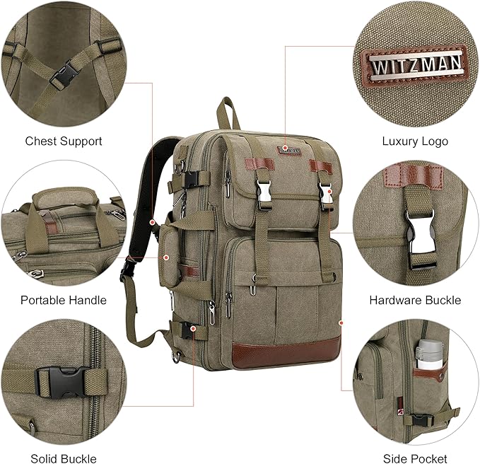 WITZMAN Canvas Travel Backpack for Men Large Laptop Backpack Fit 16 inch Carry-on Airline Approved Convertible Shoulder Rucksack(A6617-3 Army Green)
