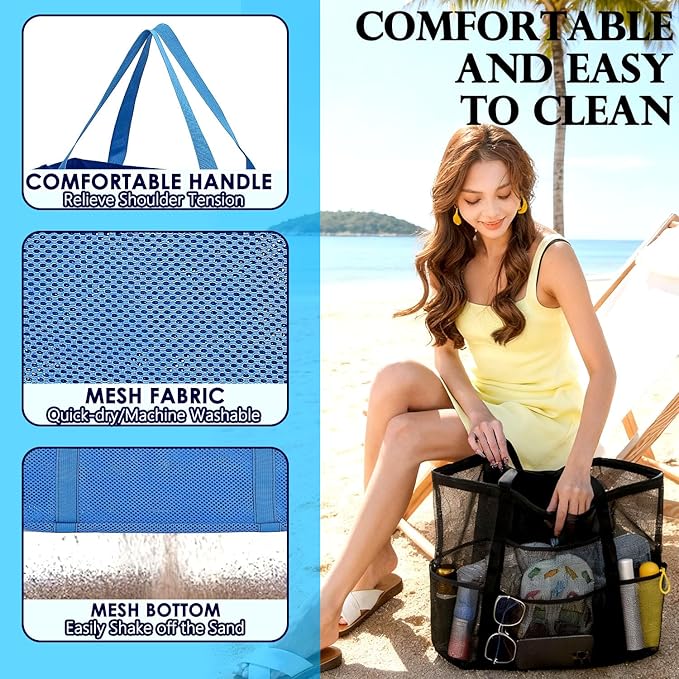 Fammart Mesh Beach Bag, Large Beach Tote with Zipper Pocket, Toys Pool Bag for Family Travel Vacation Cruise Essentials