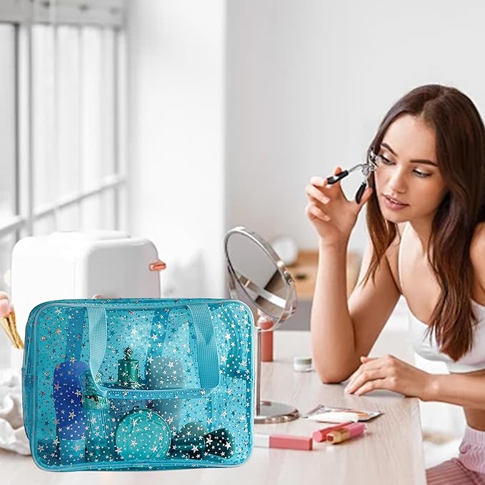 Holographic Star Large Light Blue Makeup Cosmetic Organizer Bag and Travel Pouch with Handle,Durable Material,Zipper Design-Ideal for Makeup,Travel Essentials (Blue)
