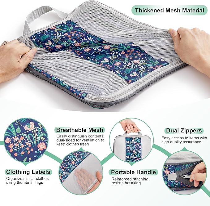 10 Set Compression Packing Cubes for Travel Essentials,Compressible Expandable Packing Cubes for Suitcase,OlarHike Luggage Organizer Bags,Handy Helper for Organizing Clothes(Dark Blue Floral)