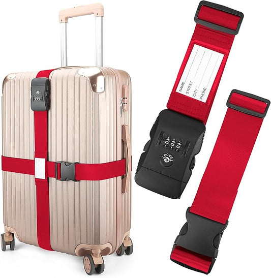 Luggage Straps, Red TSA Approved Luggage Strap Belt with Combination Lock for Suitcases, 2 Pack Adjustable Heavy Duty Cross Suitcase Straps with Name Tags for Travel, Carry On Bags, Protect Luggage