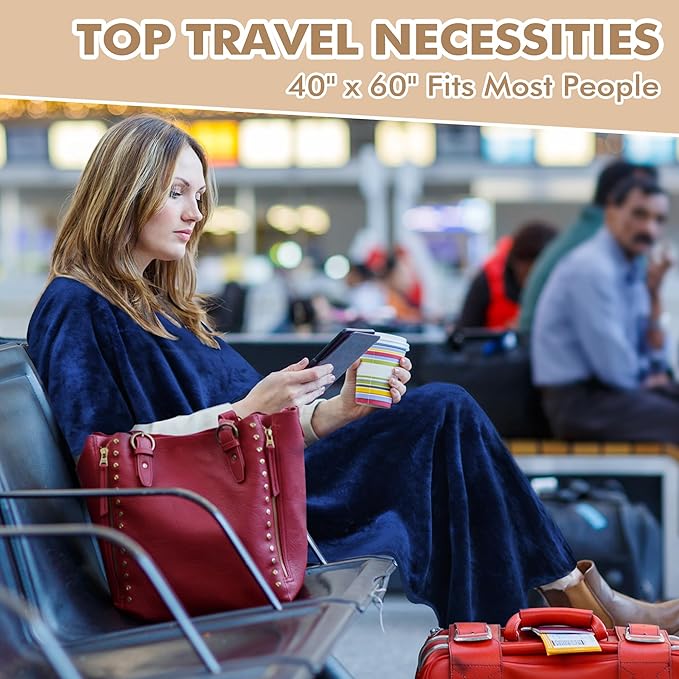 Tirrinia Travel Blanket Airplane Office Poncho 4 in 1 Premium Cozy Fleece Portable Poncho Blankets with Built-in Bag, Pocket