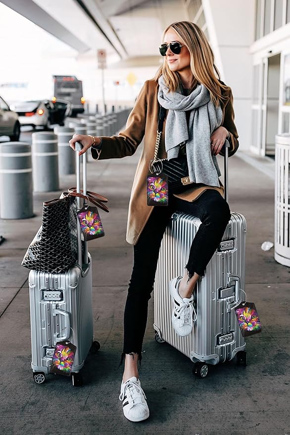 2 Pack Colorful Art Kitten Animal Luggage Tags Travel PU Cute Cat Leather Luggage Tag Name ID Labels with Privacy Cover Suitcases Women Men Girls Boys Fun Laggage Tags(Colorful Cats)