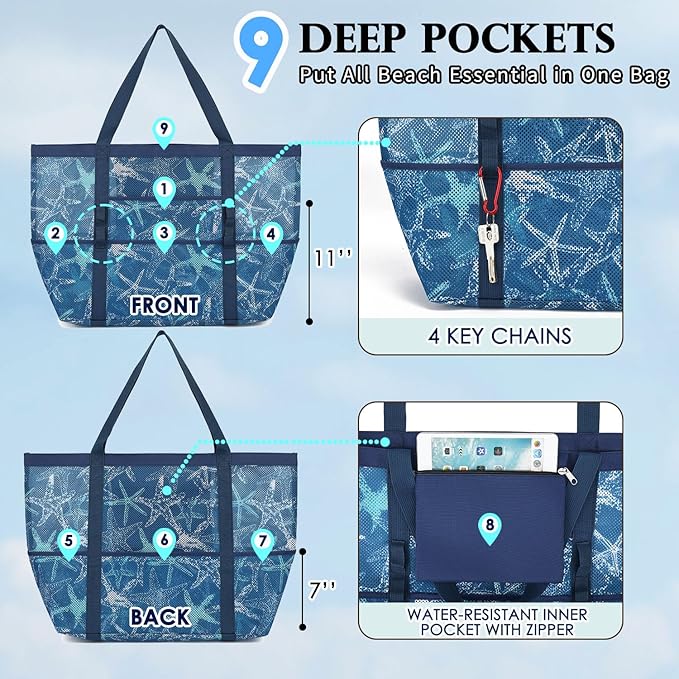Fammart Mesh Beach Bag, Large Beach Tote with Zipper Pocket, Toys Pool Bag for Family Travel Vacation Cruise Essentials