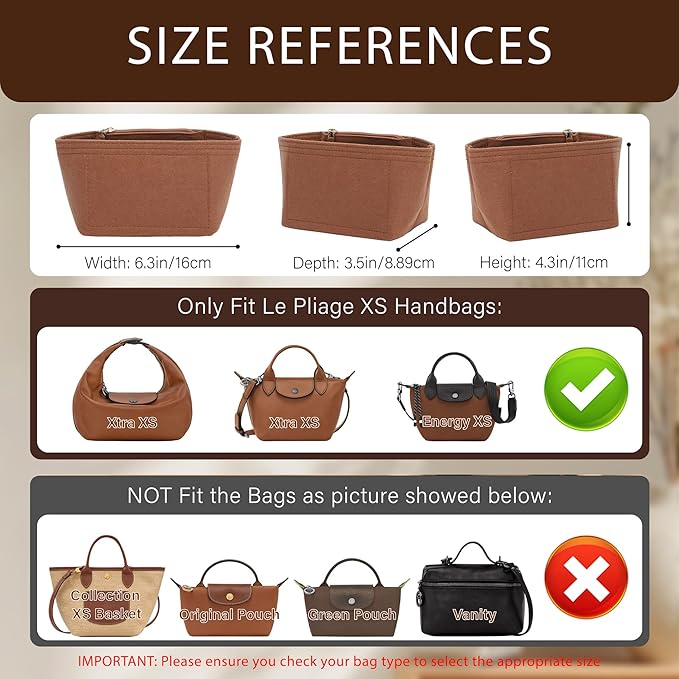 Premium Felt Purse Organizer Insert for Longchamp Le Pliage Energy/Xtra -XS, Zipper Long Champ Bag Organizer Insert with 4 Compartments