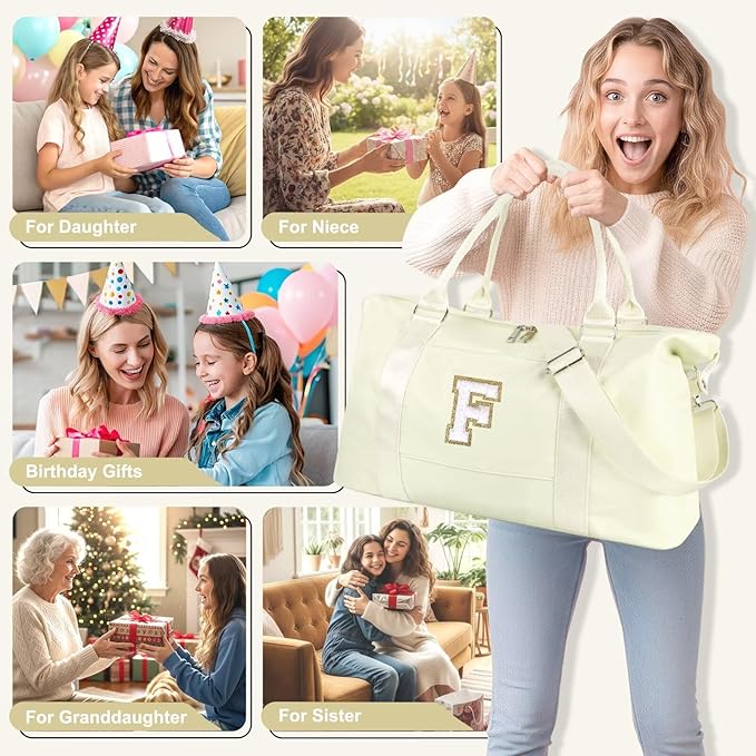 Dance Gym Duffel Bag for Teen Girls, Personalized Initial Travel Weekender Bag,Cute Overnight Carry On Duffle for Women,Sports Travel Cheer Bag,Monogram Christmas Gifts for Tween Preppy(beige-F)