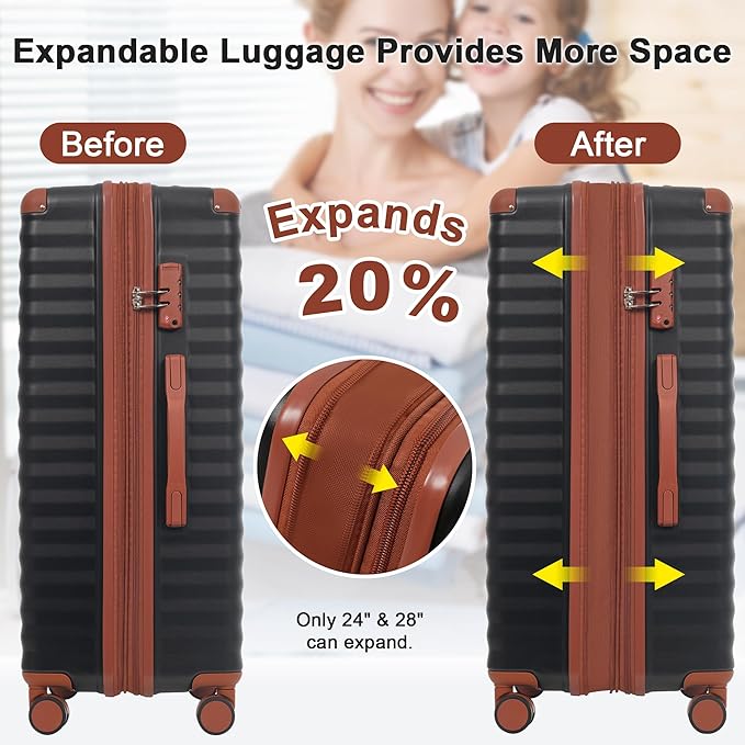 Merax Luggage Sets 5 Piece,Front Open Hardshell Expandable Suitcase with Spinner Wheels and Duffel Bags,Lightweight Carry on Luggage with USB Port and Cup Holder,20/24/28IN,Black and Brown