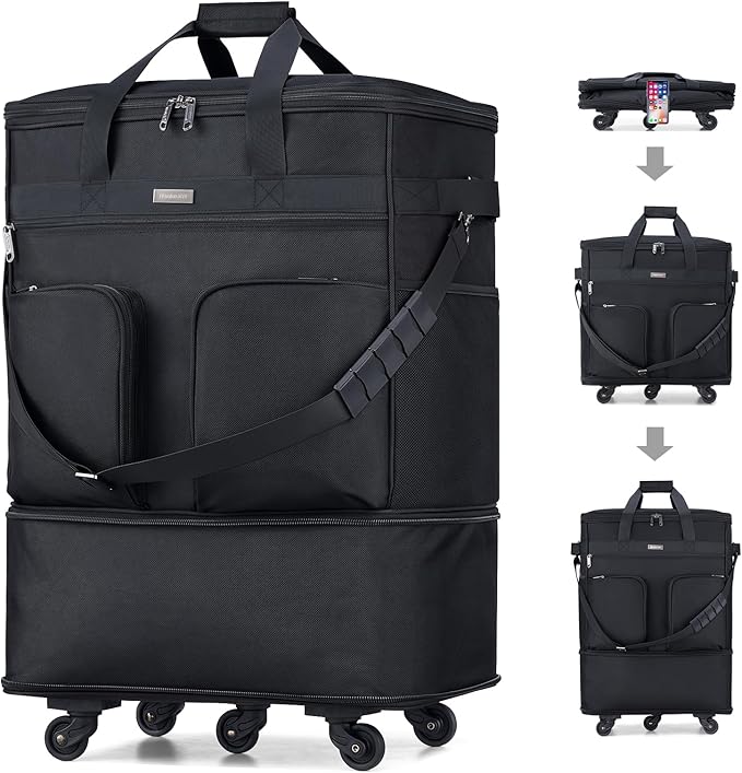 Hanke Expandable Collapsible Luggage with Wheels, Black Upgrade Version 2, 98L, Water-Resistant, 5 Spinner Wheels, 3 Pockets, Polyester, 19x13x27.2 inches, 6.1lb, Carry-On Luggage, Travel, Vacation