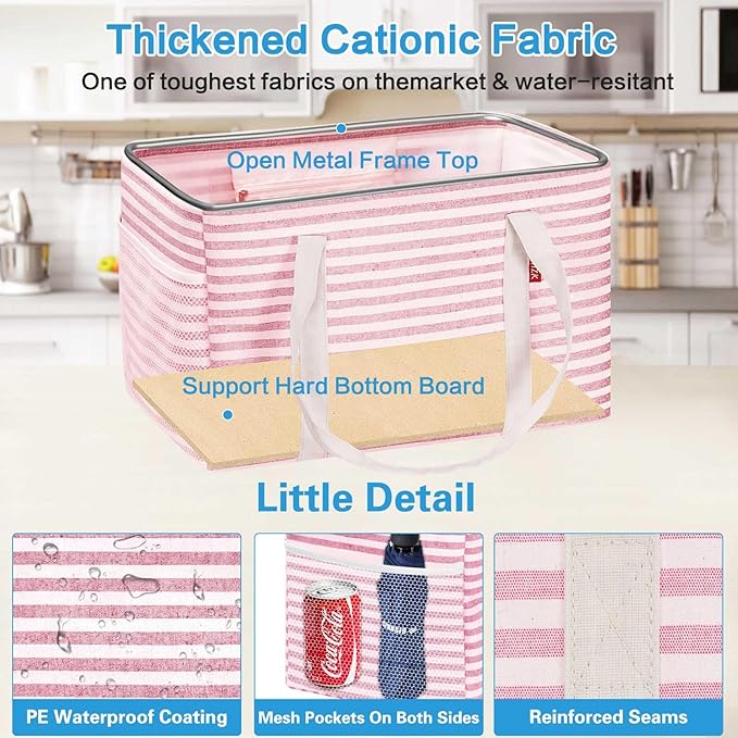 LHZK Standing Utility Tote Bag with Metal Wire Frame and the Sides Rinforced, Large Tote Bag with Handle, Reusable Grocery Bags Foldable, Beach Bag, Car Tote (Pink, 18.5''x11.8''x11.5'')