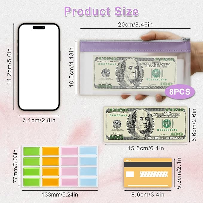 JIABEIUS 8pcs Money Bags with Zipper, Clear Cash Envelopes, Plastic Bank Deposit Bags, Multi-Purpose Money Pouch for Cash Storage, Bank Check Receipt Organizer, Coin Wallet