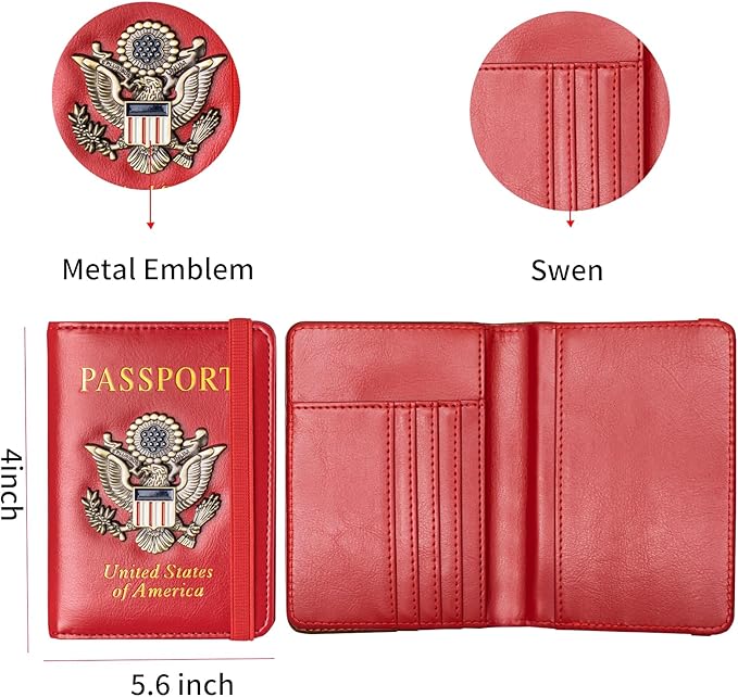 Passport Holder Cover and Card Case Slot Combo RFID Blocking Leather Travel Passport Wallet for Men and Women US Passport Protector Document Organizer,Bright Red