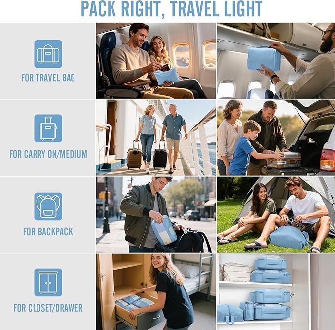 Veken 8 Set Packing Cubes for Travel Essentials, Suitcase Organizer Bags in 4 Sizes, Carry-On Luggage Accessories with Large Laundry & Hanging Toiletry Bag, Must-Have for Airplane, Road Trip & Camping