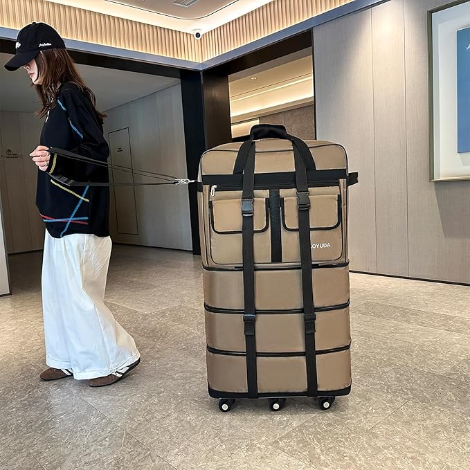 130L Expandable Luggage, 40 Inch Suitcase with Wheels, Collapsible Luggage with Wheels, Rolling Duffle Bag with wheels, Foldable Suitcasewith2Handle Wrap 2Fixing Straps 1Shoulder Strap (khaki)