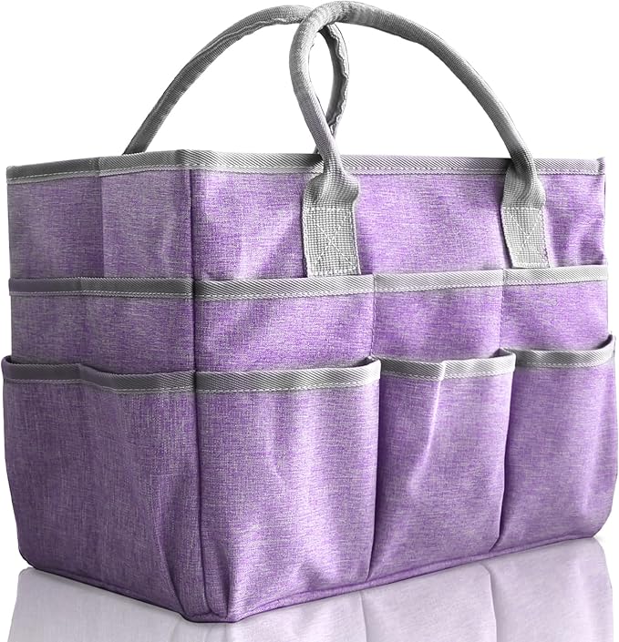 Cupohus Art Organizer Craft Storage Tote Bag with Pockets and Handles, Oxford Fabric Carrying Caddy for Teacher, Officer, Artist, Traveler –Purple