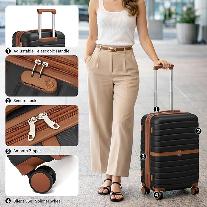 Kono Expandable 28 Inch Luggage with Spinner Wheels, Large Checked Luggage with Lock, Lightweight & Anti-Scratch PC+ABS Hardshell Travel Suitcase, Black/Brown
