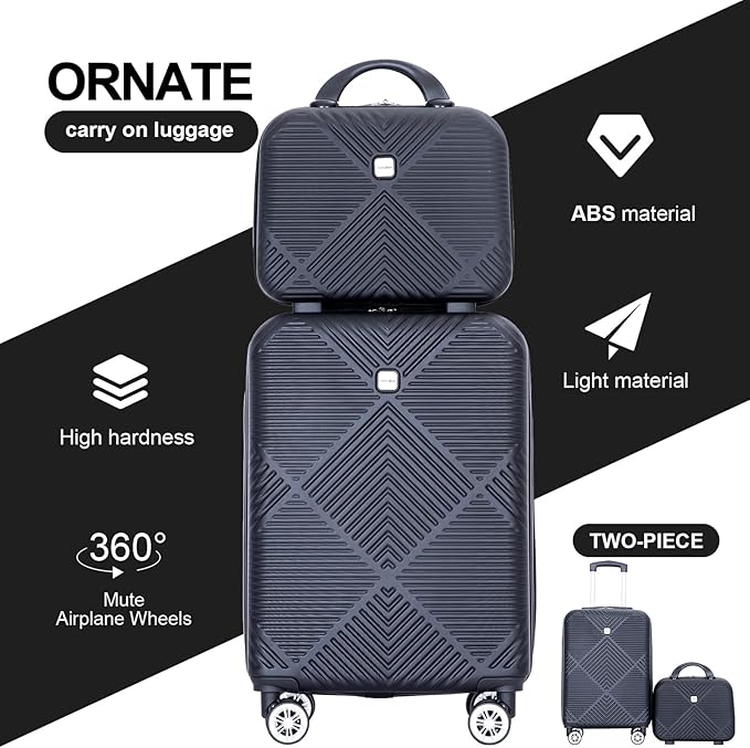 2 Piece Carry on Luggage Set, Airline Approved 20 Inch Luggage with Cosmetic Case HardShell Suitcase with Spinner Wheels, Lightweight Durable Hardside Suitcases Set, Dark Black