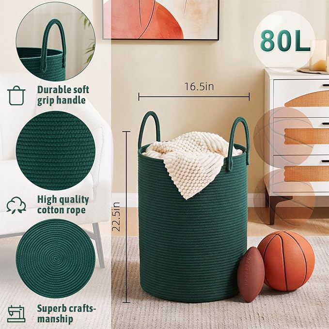 Laundry Basket,Woven Cotton Rope Laundry Hamper,80L for Decorative Storage of Dirty Clothes,Toys and Blankets in Bathroom,Baby Room and Living Room