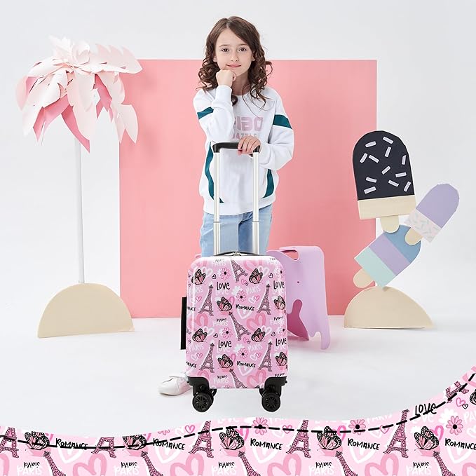 Kid's Luggage Set 16" Hardside Luggage with Spinner Wheels 2 Piece Suitcase Set Girls Carry on Toddler Travel Rolling Suitcase with Neck Pillow Airline Approved