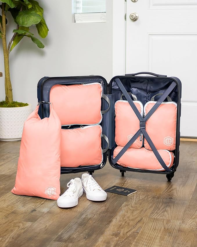 Compression Packing Cubes 6 Piece Set for Carryon Suitcases- Lightweight, Durable Clothes Organizer (Coral Rose)