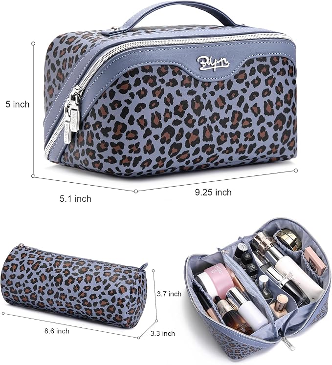 BOYATU Travel Makeup Bags Cosmetic Organizer Bag: 3 Pcs Set Large Capacity Make up Bag with Compartments - Waterproof Leather Toiletry Bags with Handle for Women (B-Light Blue)