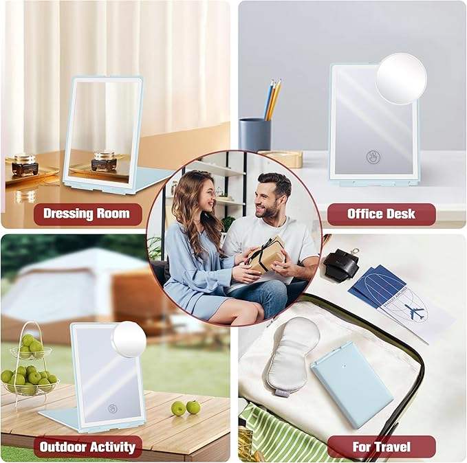 Travel Makeup Mirror with Lights Valentines Day Gifts for Her, Girlfriend, Wife, Birthday Gifts Rechargeable Portable Folding Compact LED Mirror Set with Tweezer 3 Color Light Modes-Cyan