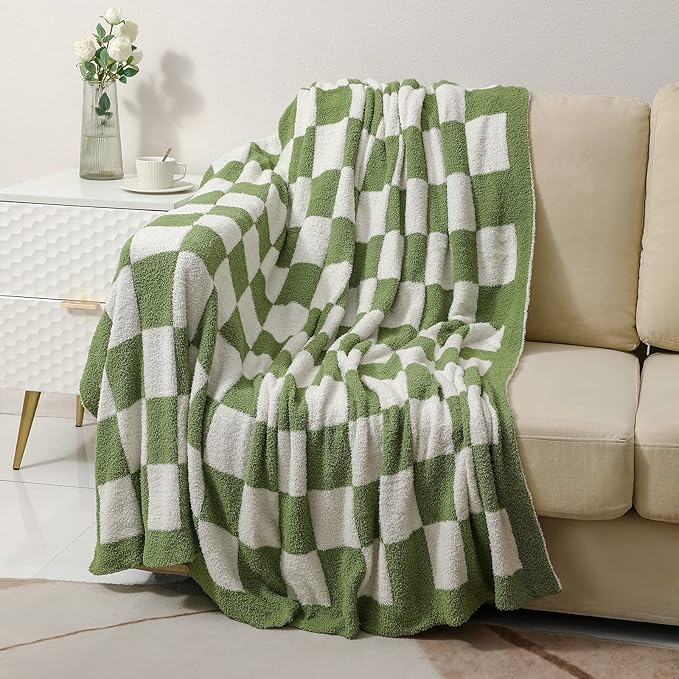 bearberry Fuzzy Checkerboard Grid Throw Blanket Soft Cozy Warm Microfiber All Season Blanket Decor for Couch Sofa Bed Travel Home (Avocado Green, 50''x60'')