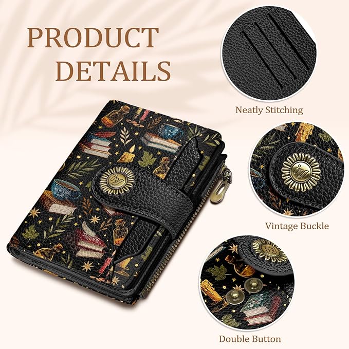 Icycay Book Witchy Wallet Women Small RFID Blocking Bifold, Credit Card Holder, Zipper Coin Pocket, PU Leather, Compact, Travel, 4 ID Window, 14 Card Slots, Cash Purse, Ladies Woman Female Girls