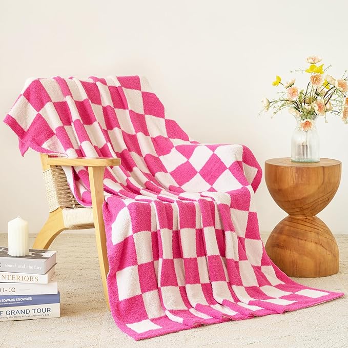 Checkered Blanket, Cozy Soft Throw Blankets for Couch Bed, Fluffy Plaid Lightweight Comfy Travel Picnic Blanket Gifts for Sofa Chair Living Room Camping (Hot Pink, Throw 50"x60")
